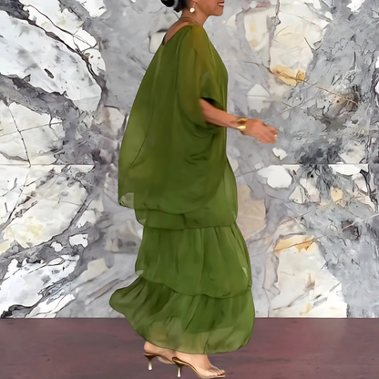 Jara | Mujer Vestido Largo con Mangas de Murciélago y Escote Redondo