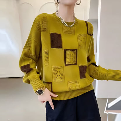 Nathalia | Mujer Suéter de Punto Patchwork con Escote Redondo