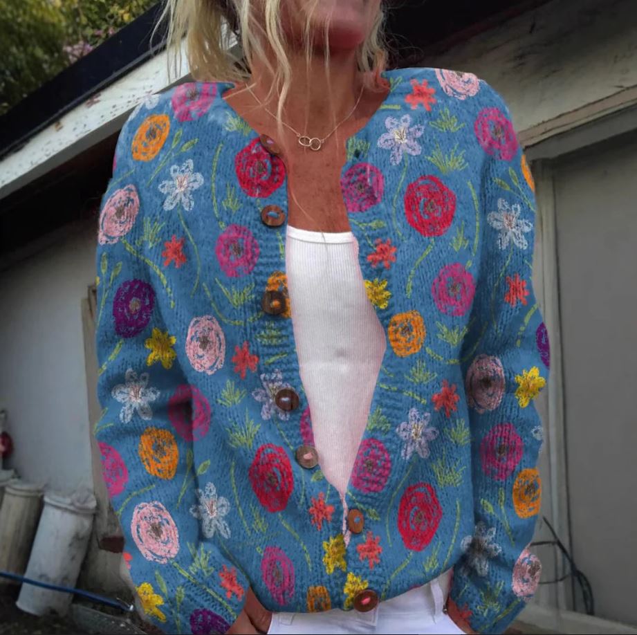 Tilda | Mujer Cárdigan de Punto Azul con Estampado Floral