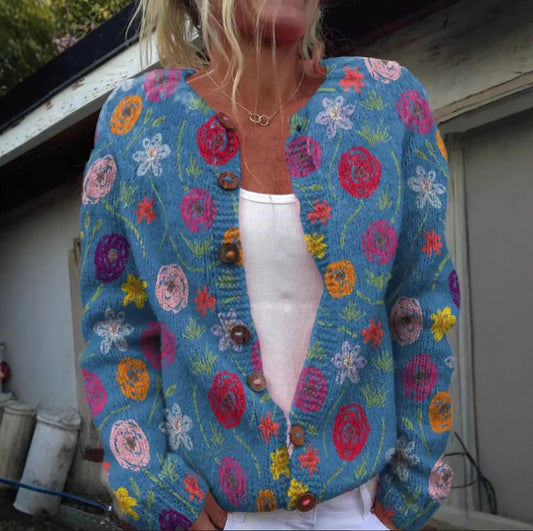 Tilda | Mujer Cárdigan de Punto Azul con Estampado Floral
