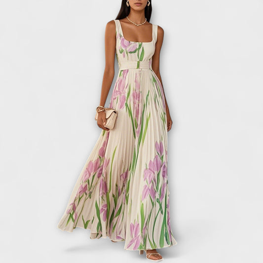 Sofia | Mujer Vestido Maxi Floral con Escote Cuadrado y Falda Plisada