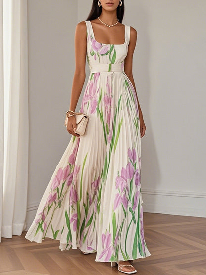 Lila | Mujer Maxi Vestido Floral con Detalles Plisados
