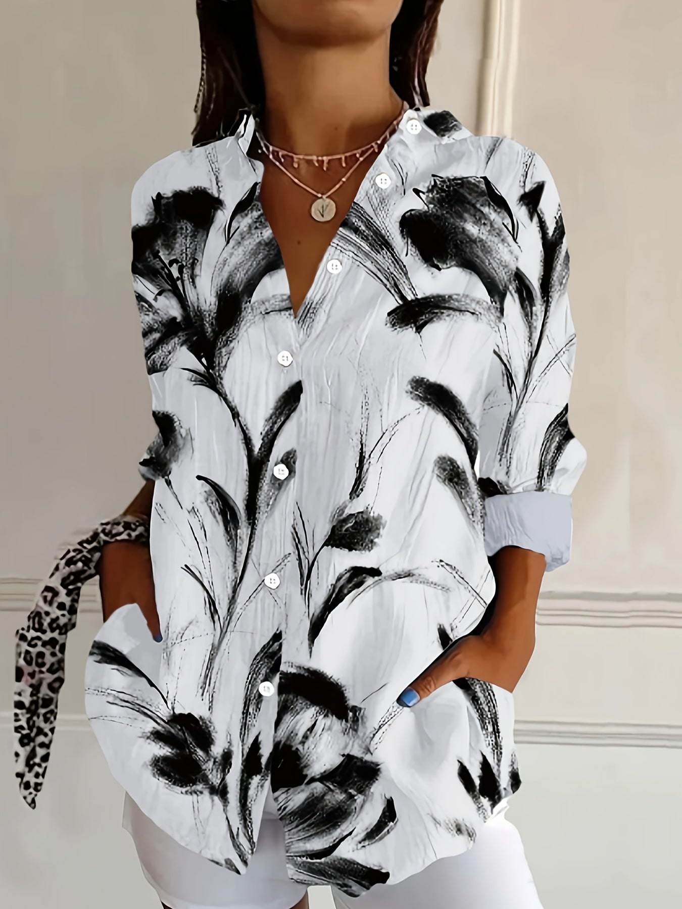 Selavynne | Mujer Blusa de Manga Larga con Estampado Floral y Botones
