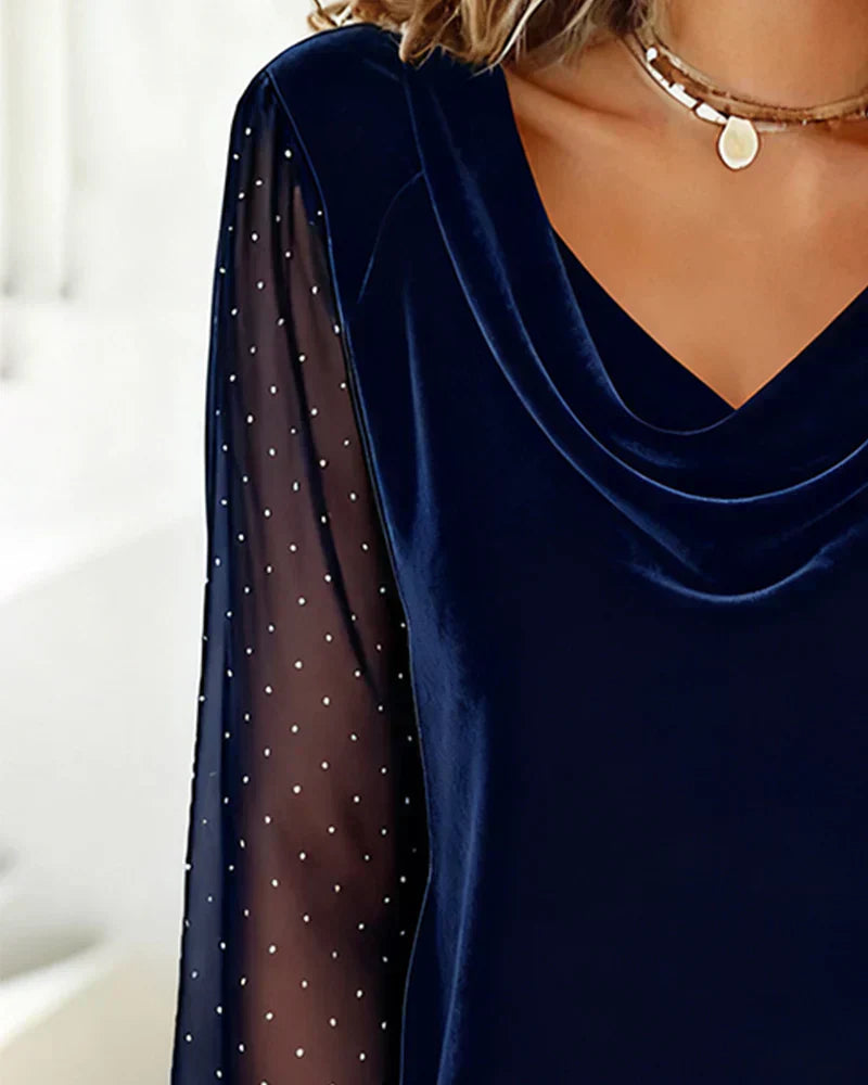 Lunavessia | Mujer Blusa con Cuello Drapeado y Mangas Transparentes