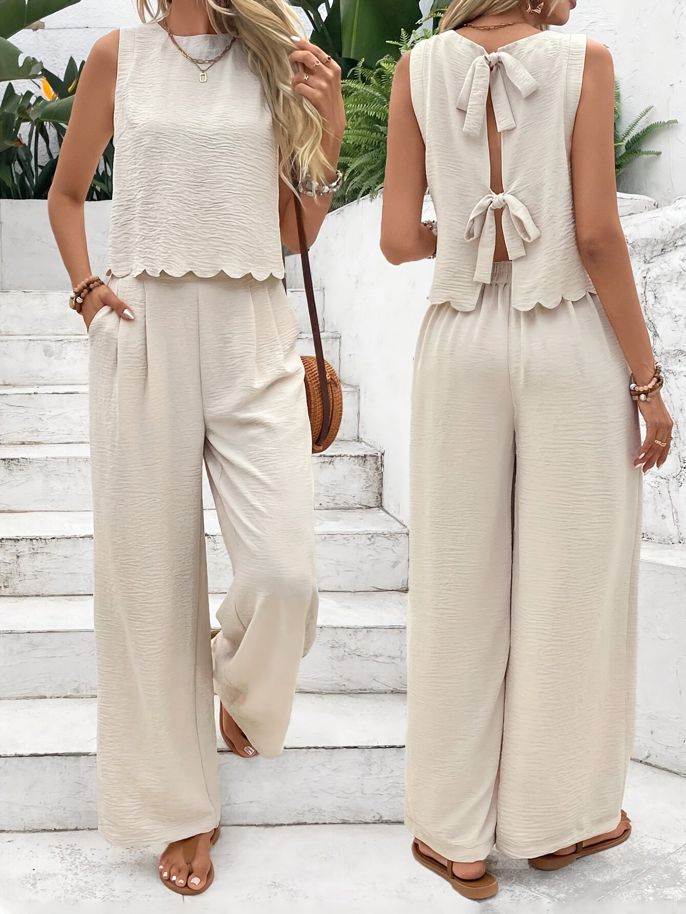 Gerda | Mujer Conjunto con Top de Espalda Abierta y Pantalón Ancho