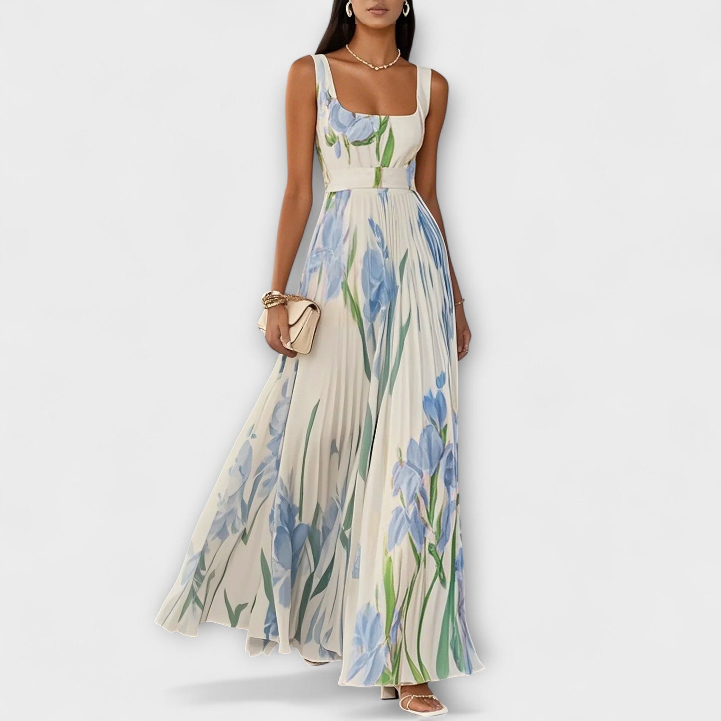 Sofia | Mujer Vestido Maxi Floral con Escote Cuadrado y Falda Plisada