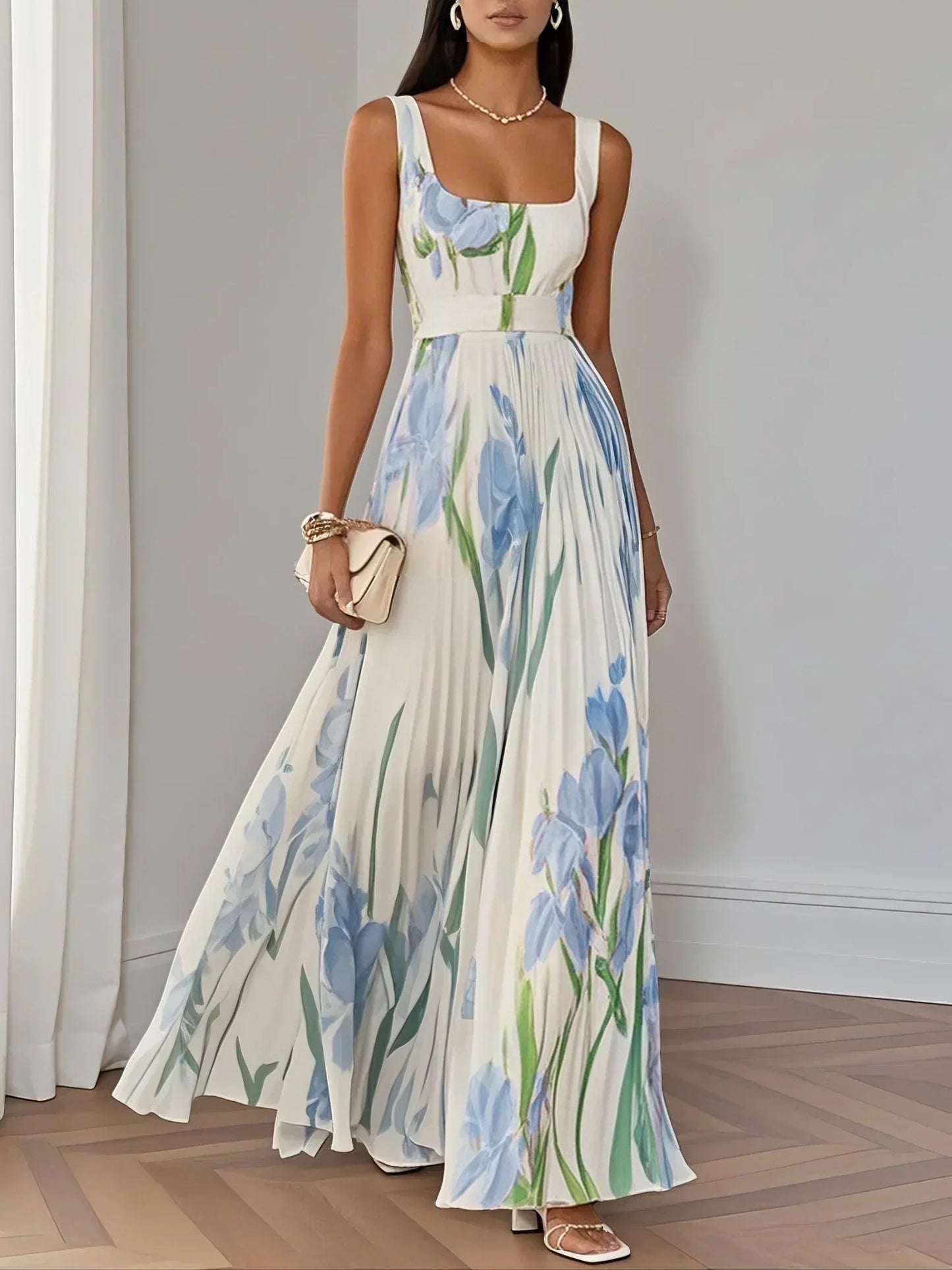 Lila | Mujer Maxi Vestido Floral con Detalles Plisados