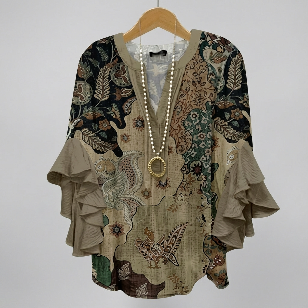 Faylissora | Mujer Blusa Larga con Escote en V y Estampado Artístico