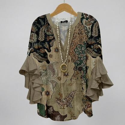 Faylissora | Mujer Blusa Larga con Escote en V y Estampado Artístico