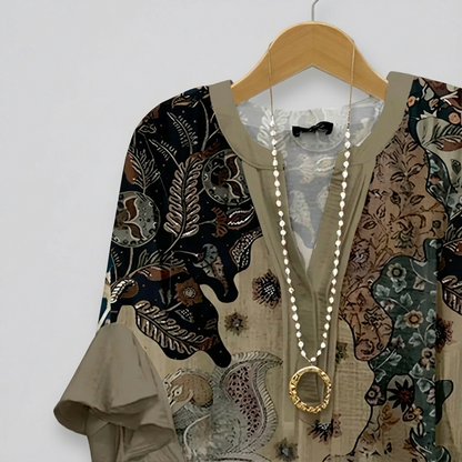 Faylissora | Mujer Blusa Larga con Escote en V y Estampado Artístico