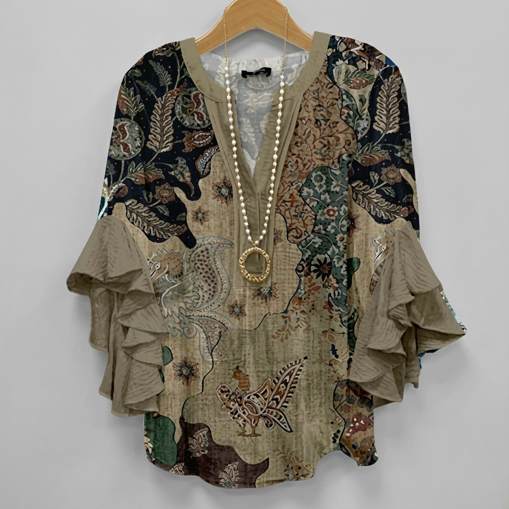 Faylissora | Mujer Blusa Larga con Escote en V y Estampado Artístico