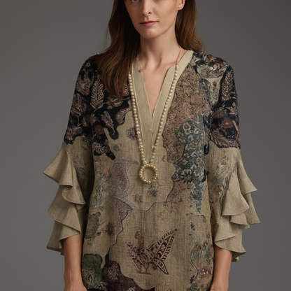 Faylissora | Mujer Blusa Larga con Escote en V y Estampado Artístico