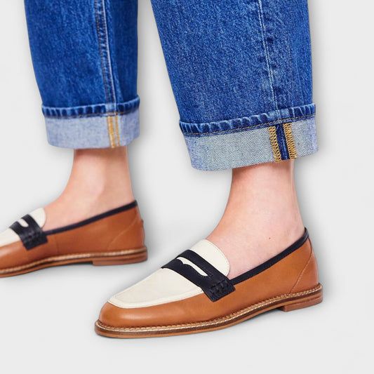 Oceane | Mujer Mocasines Marrones de Punta Redonda con Bloques de Color