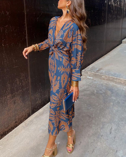 Ida | Mujer Vestido Azul con Escote en V y Mangas Tres Cuartos