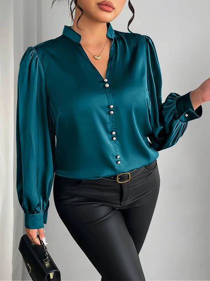 Thaliravelle | Mujer Blusa Satinada con Escote en V y Mangas Abullonadas
