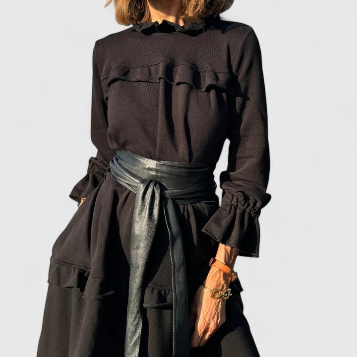 Wendy | Mujer Vestido Midi en Capas con Cuello Alto y Volante