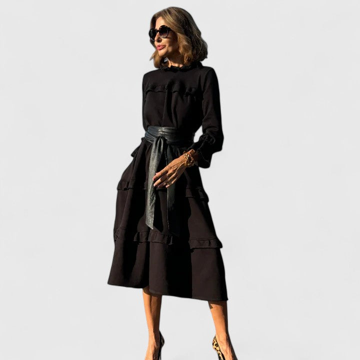 Wendy | Mujer Vestido Midi en Capas con Cuello Alto y Volante