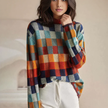 Julia | Mujer Suéter de Cuello Alto con Motivo Patchwork