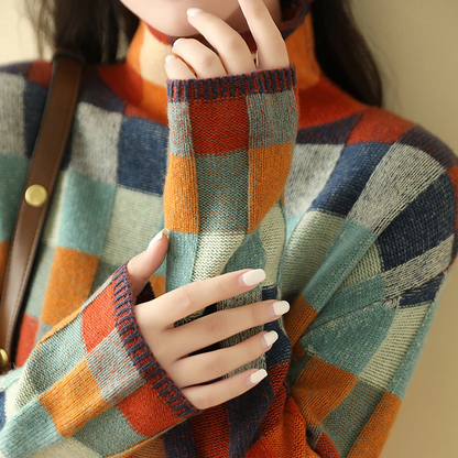 Julia | Mujer Suéter de Cuello Alto con Motivo Patchwork