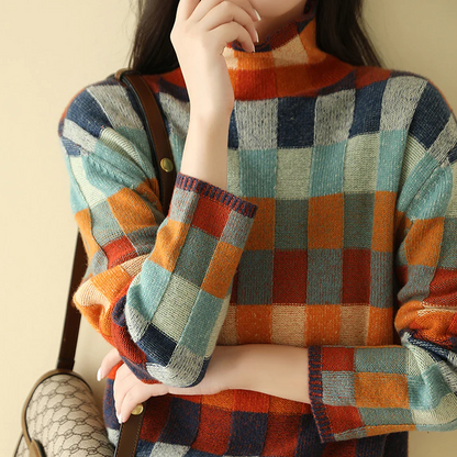 Julia | Mujer Suéter de Cuello Alto con Motivo Patchwork