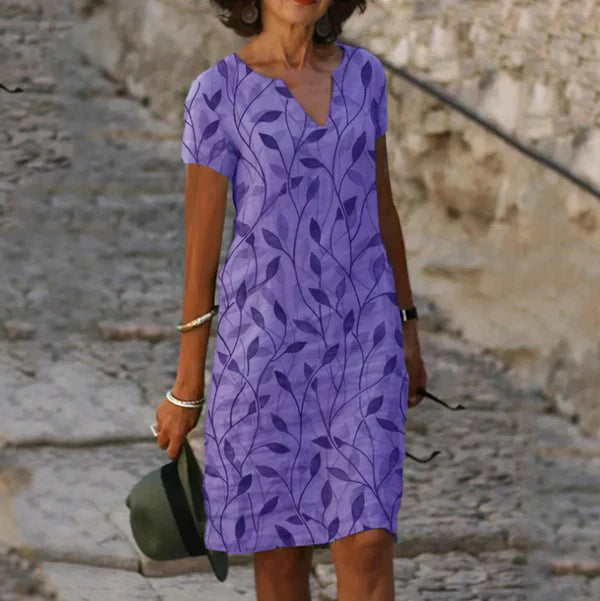 Annette | Mujer Vestido de Verano con Escote en V y Estampado de Hojas
