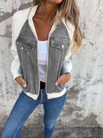 Sophia | Mujer Chaqueta Vaquera Bicolor con Cremallera y Bolsillos