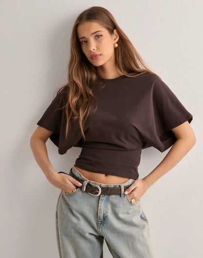 Sofie | Mujer Camiseta Cropped de Algodón con Mangas Murciélago