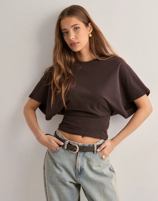 Sofie | Mujer Camiseta Cropped de Algodón con Mangas Murciélago