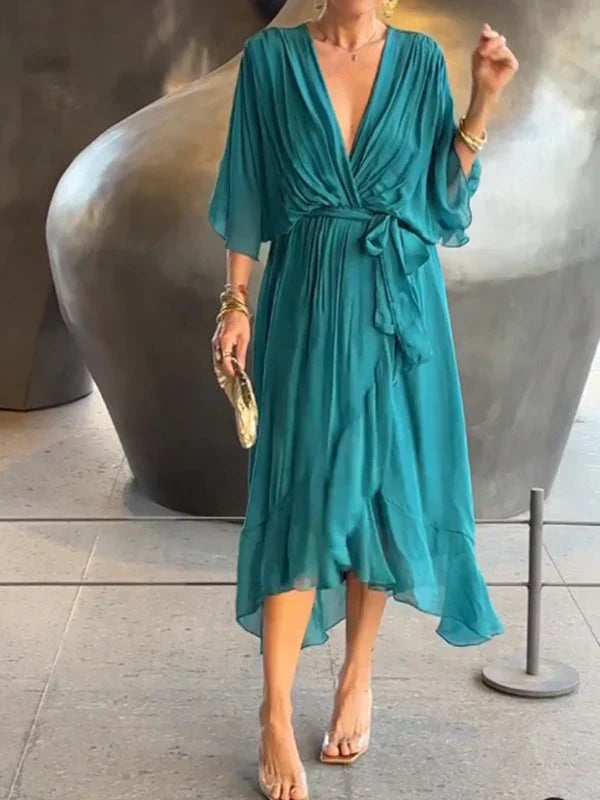 Milou | Mujer Vestido Midi de Chiffon Envolvente con Escote en V