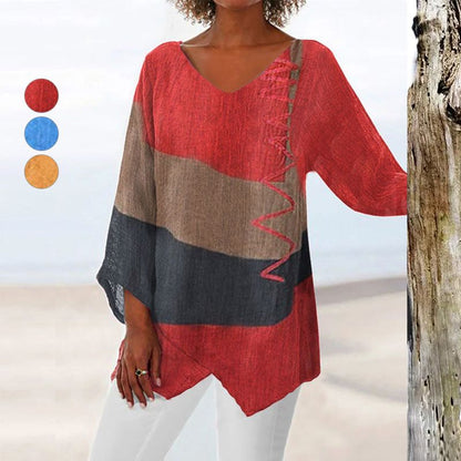 Anne | Mujer Camiseta de Algodón con Escote en V y Estampado Vintage