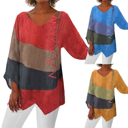 Anne | Mujer Camiseta de Algodón con Escote en V y Estampado Vintage