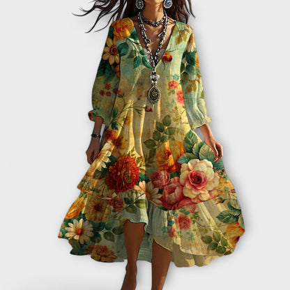 Elize | Mujer Vestido Midi Boho Floral con Escote en V