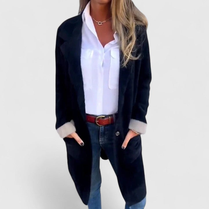 Celia | Mujer Chaqueta Larga Entallada con Cuello de Solapa