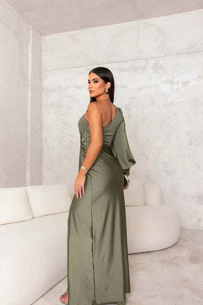 Urzula | Mujer Vestido de Satén de Un Hombro con Abertura Lateral